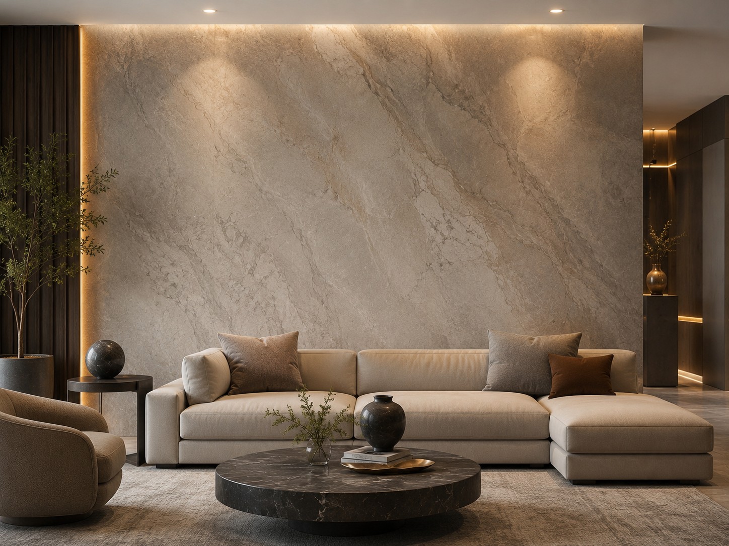 A refined living room with a seamless marble effect wall.